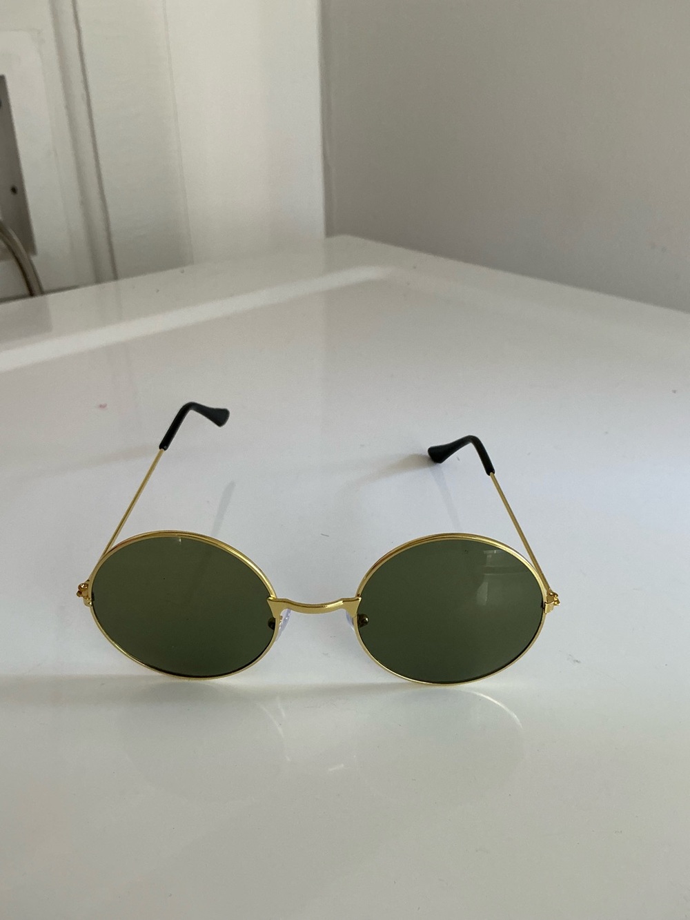 Gold Round Metal Sunglasses with Green Lenses for Women